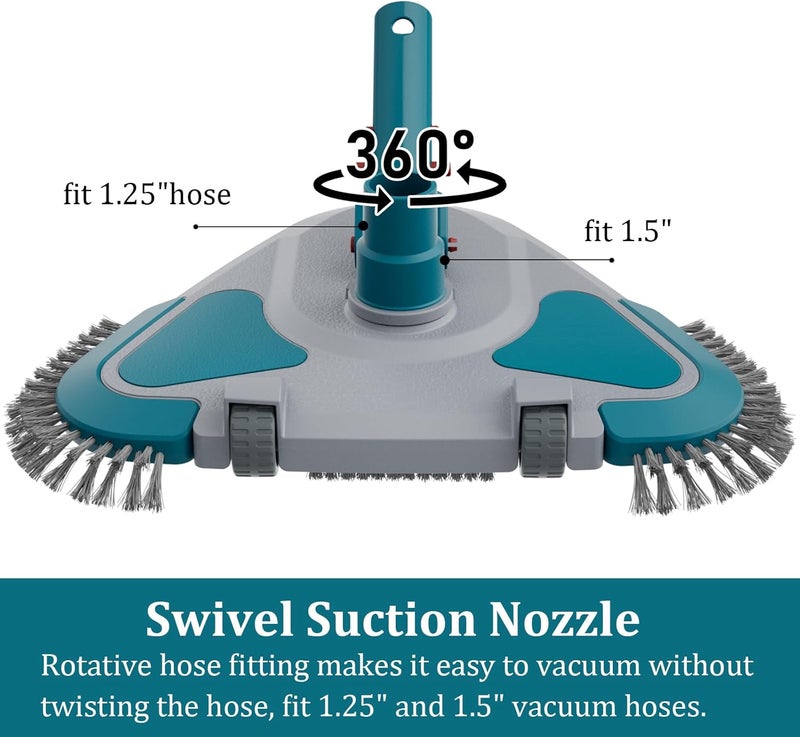 POOLWHALE Upgrade Pro Weighted Triangular Pool Rotative Vacuum Head with Brush & EZ Clip Handle - for Cleaning Surface Safe on Vinyl Lined Pools - Image 3